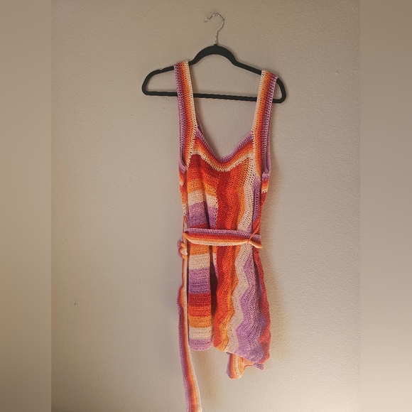 Anthropologie FARM Rio Orange And Pink Crochet Mini Dress With Belt - Picture 4 of 5